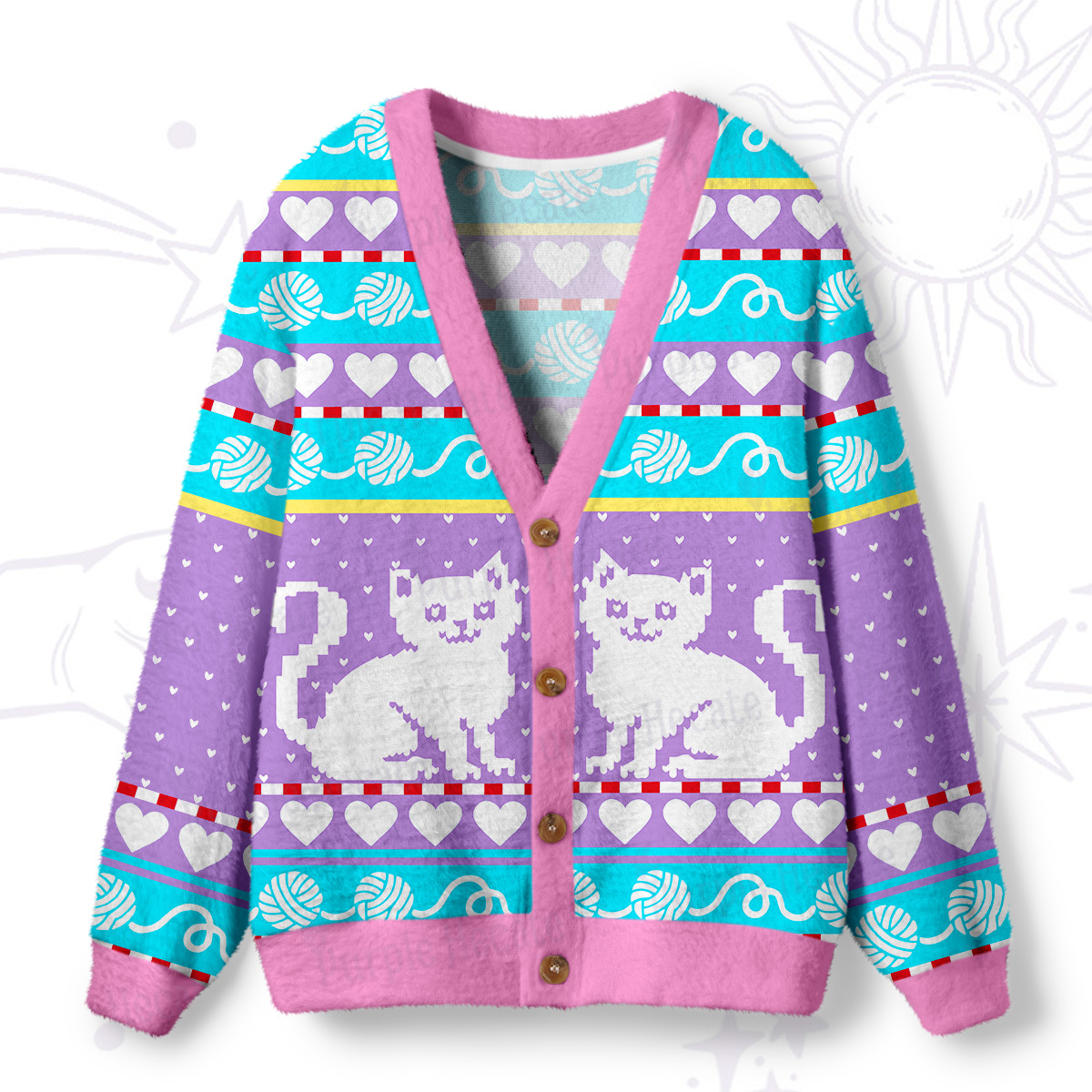 Magic Purplehecate Whimsical Cat and Yarn  Ugly Cardigan Sweaters