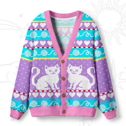 Purplehecate Whimsical Cat and Yarn  Ugly Cardigan Sweaters