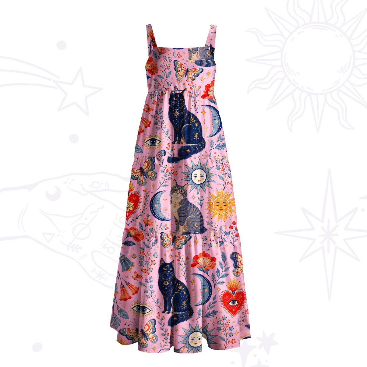 Purplehecate Cat Celestial Print Wide Straps Maxi Dress