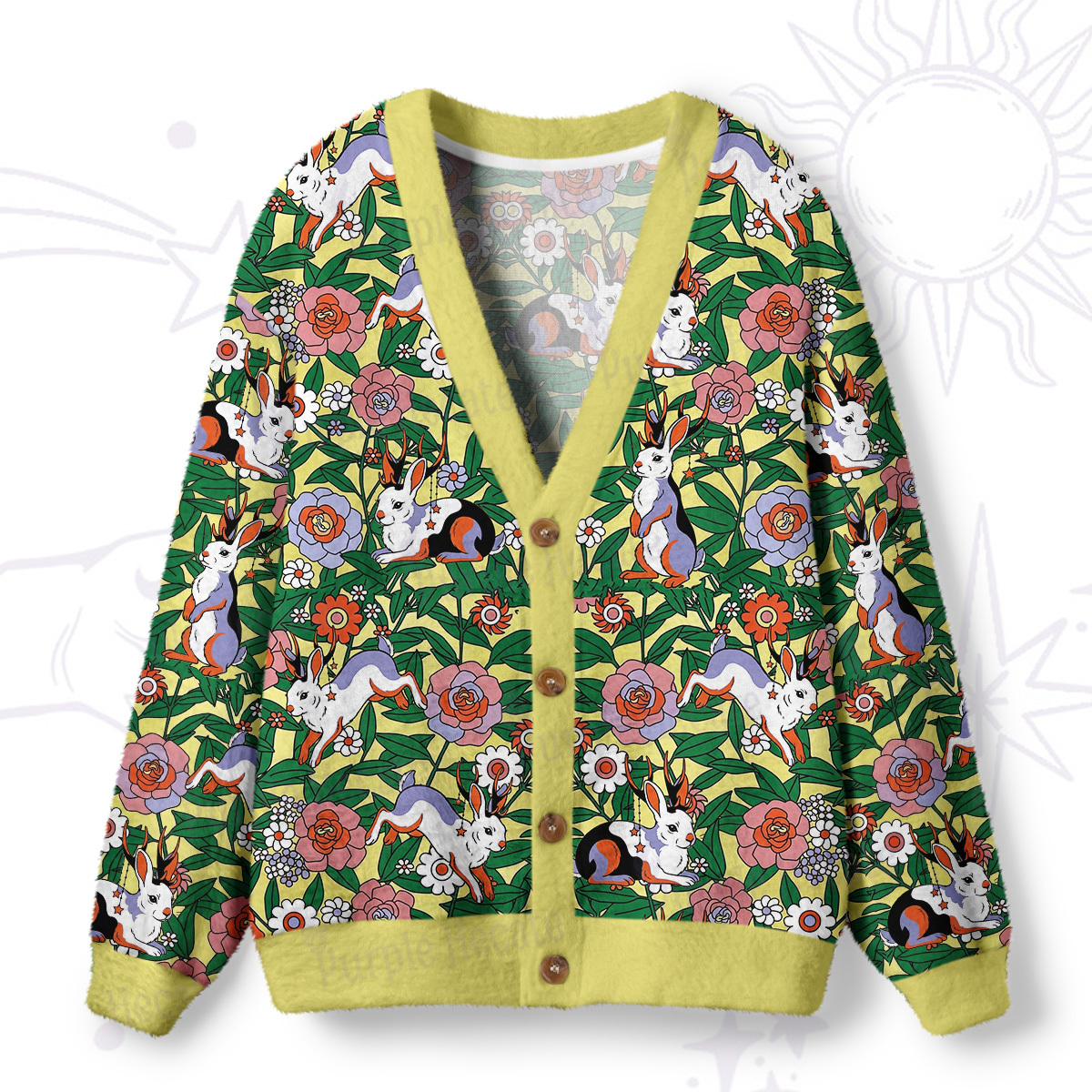 Purplehecate Mystic Blossom Bunny Garden Ugly Cardigan Sweaters