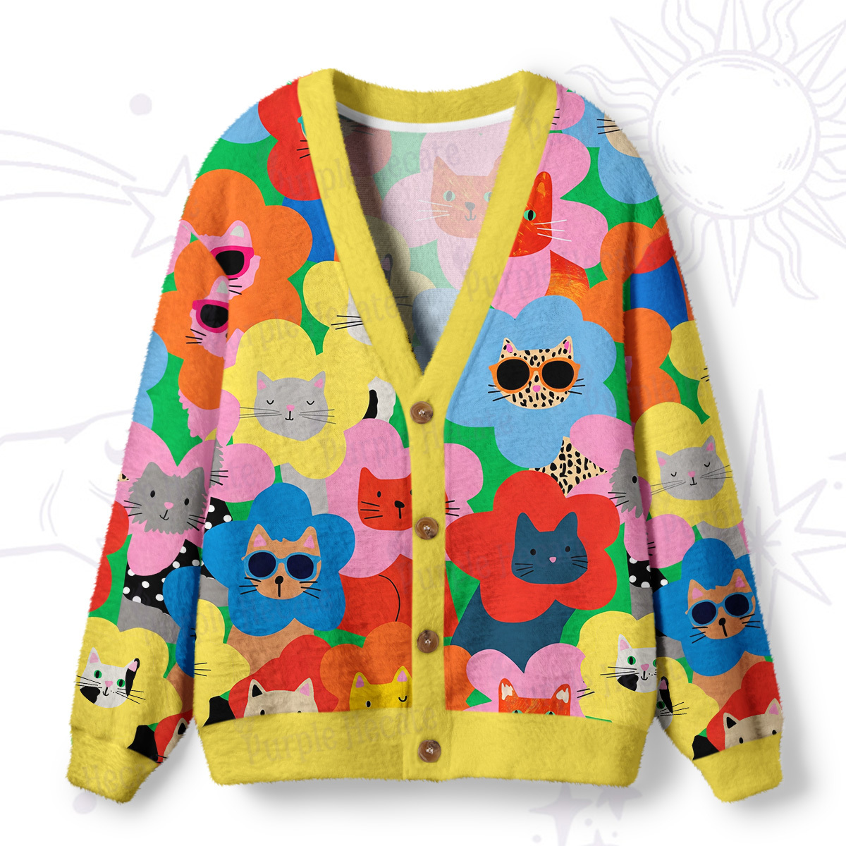 Purplehecate Rainbow Cat Faces Garden Ugly Cardigan Sweaters