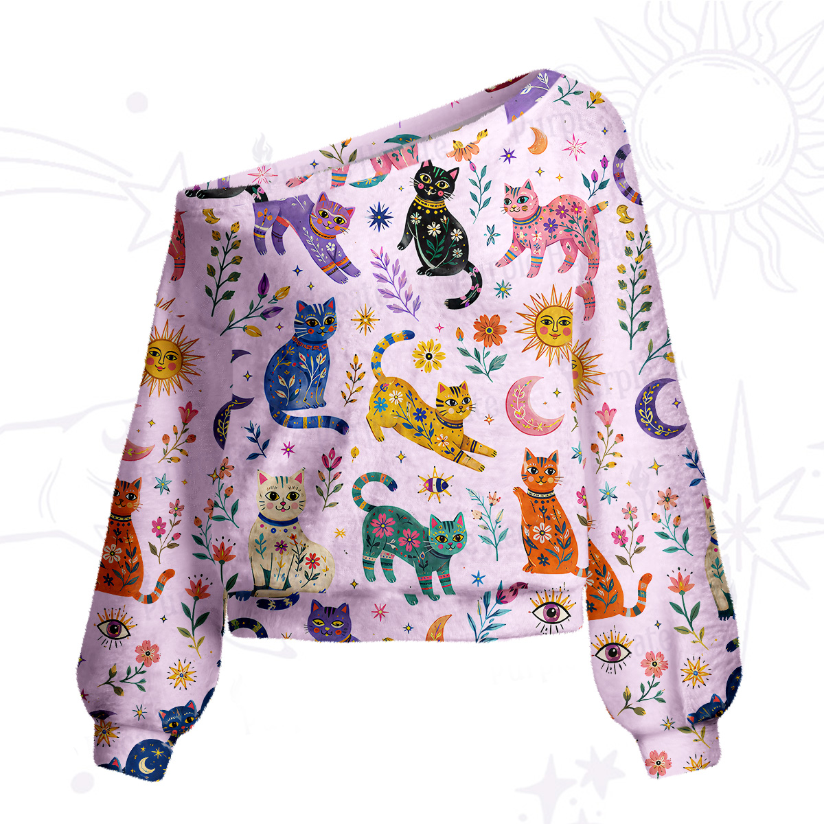 Purplehecate Rainbow Magic Cats One Shoulder Sweaters