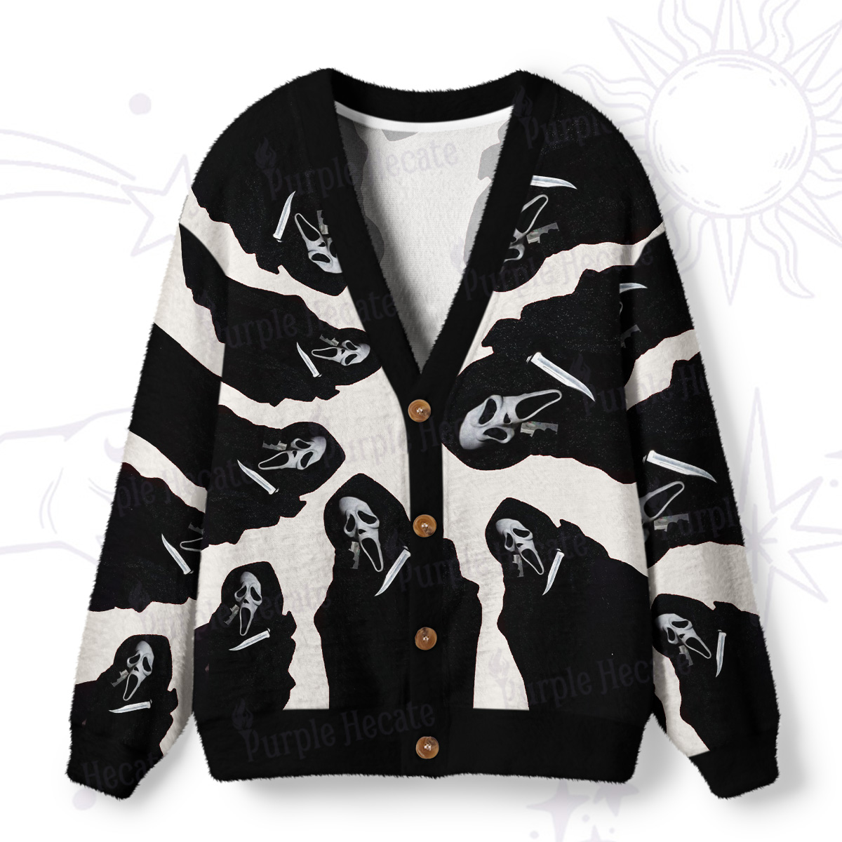 Purplehecate Scream Mask Ghost Face Ugly Cardigan Sweaters