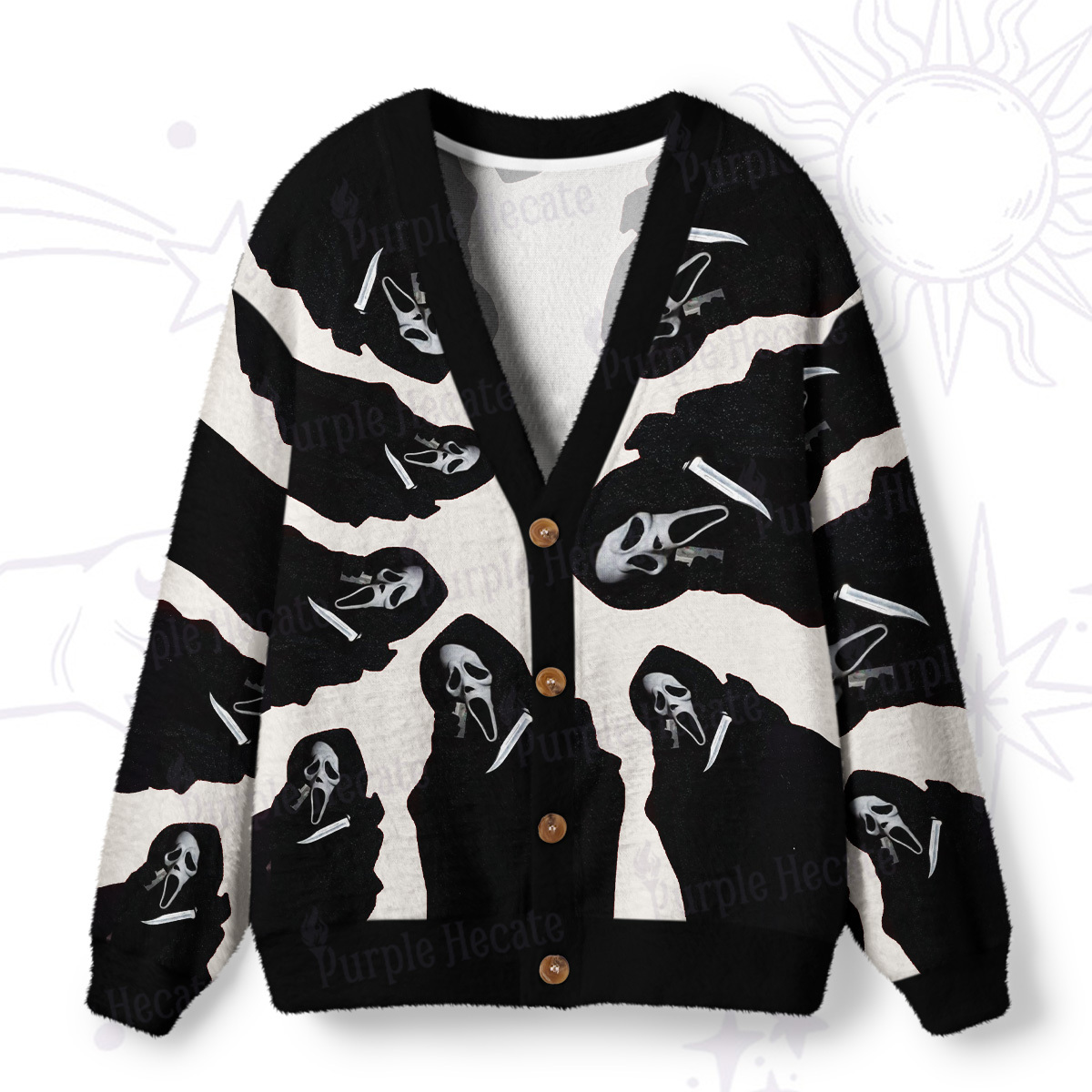 Purplehecate Scream Mask Ghost Face Ugly Cardigan Sweaters