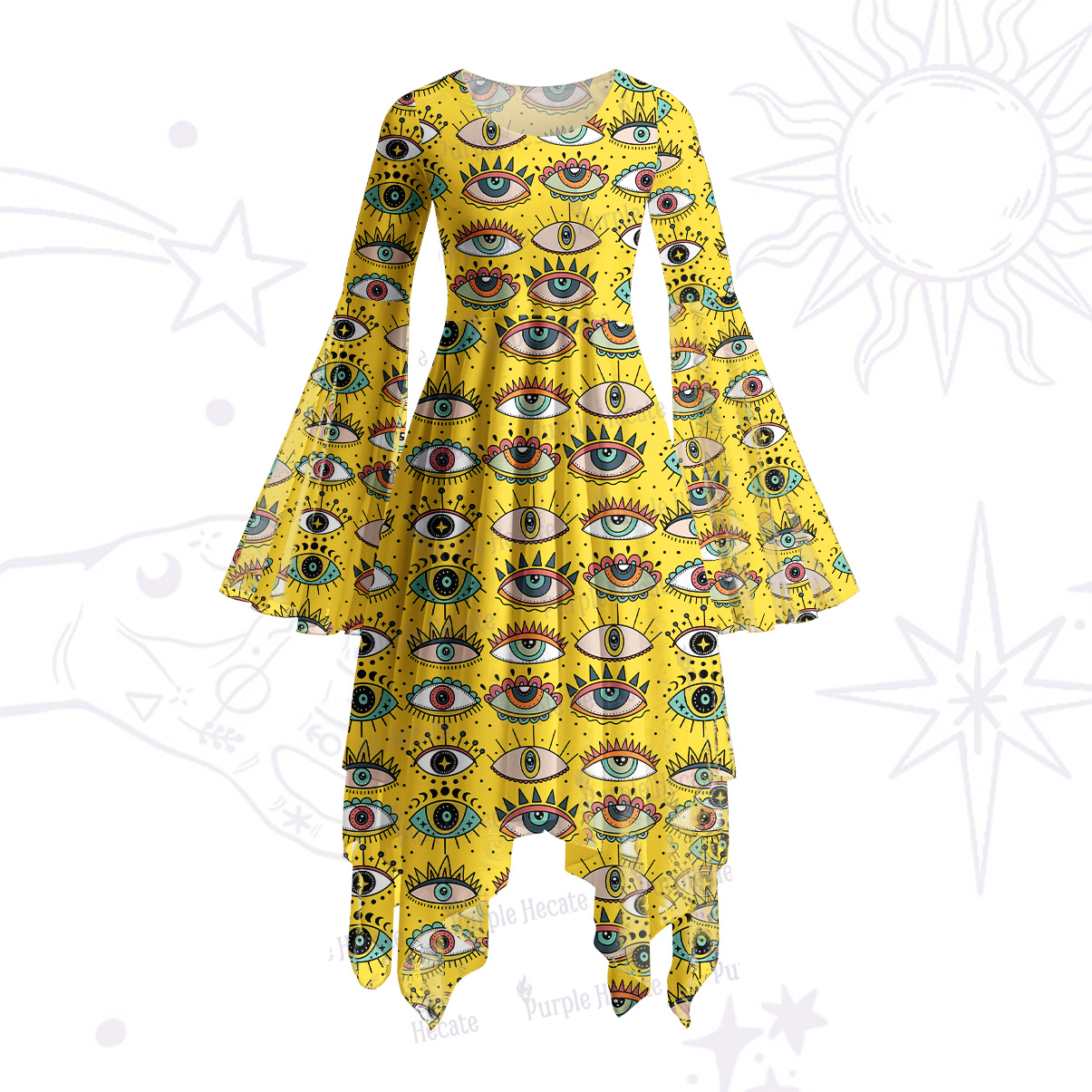 Purplehecate Evil Eye Pattern Bell Sleeve Dress