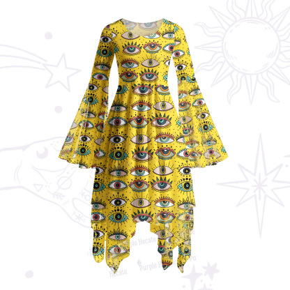 Purplehecate Evil Eye Pattern Bell Sleeve Dress