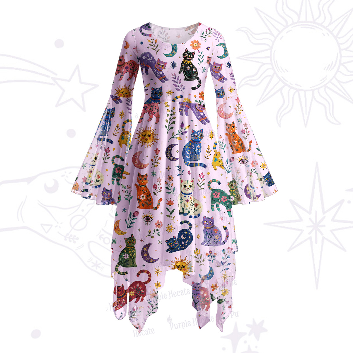 Purplehecate Rainbow Magic Cats Bell Sleeve Dress
