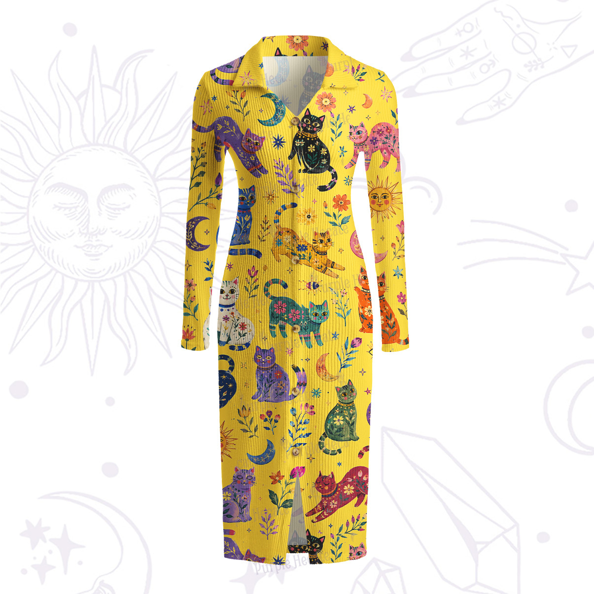 Purplehecate Rainbow Magic Cats Ribbed Knit Dress