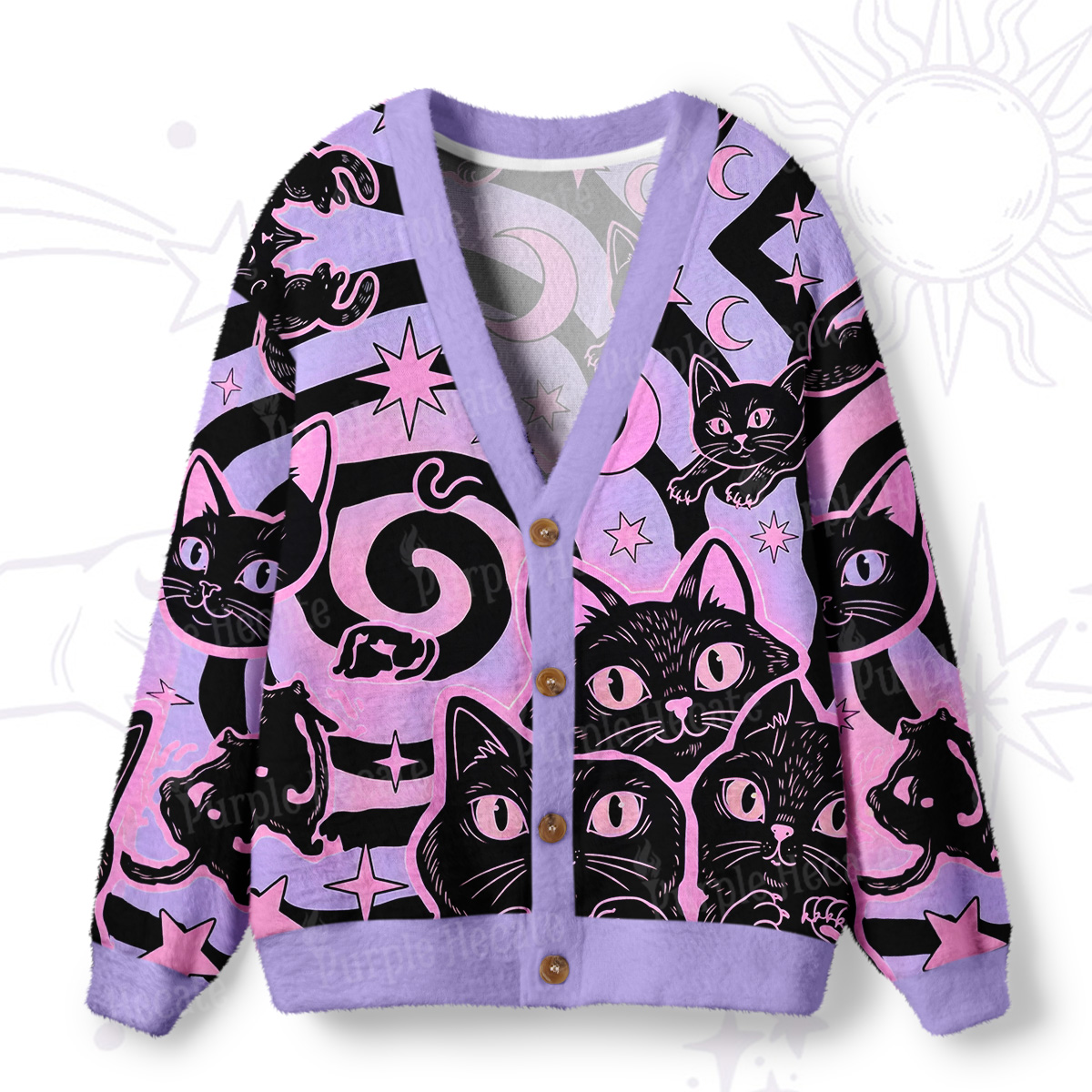 Purplehecate Lunar Magic Black Cat Ugly Cardigan Sweaters