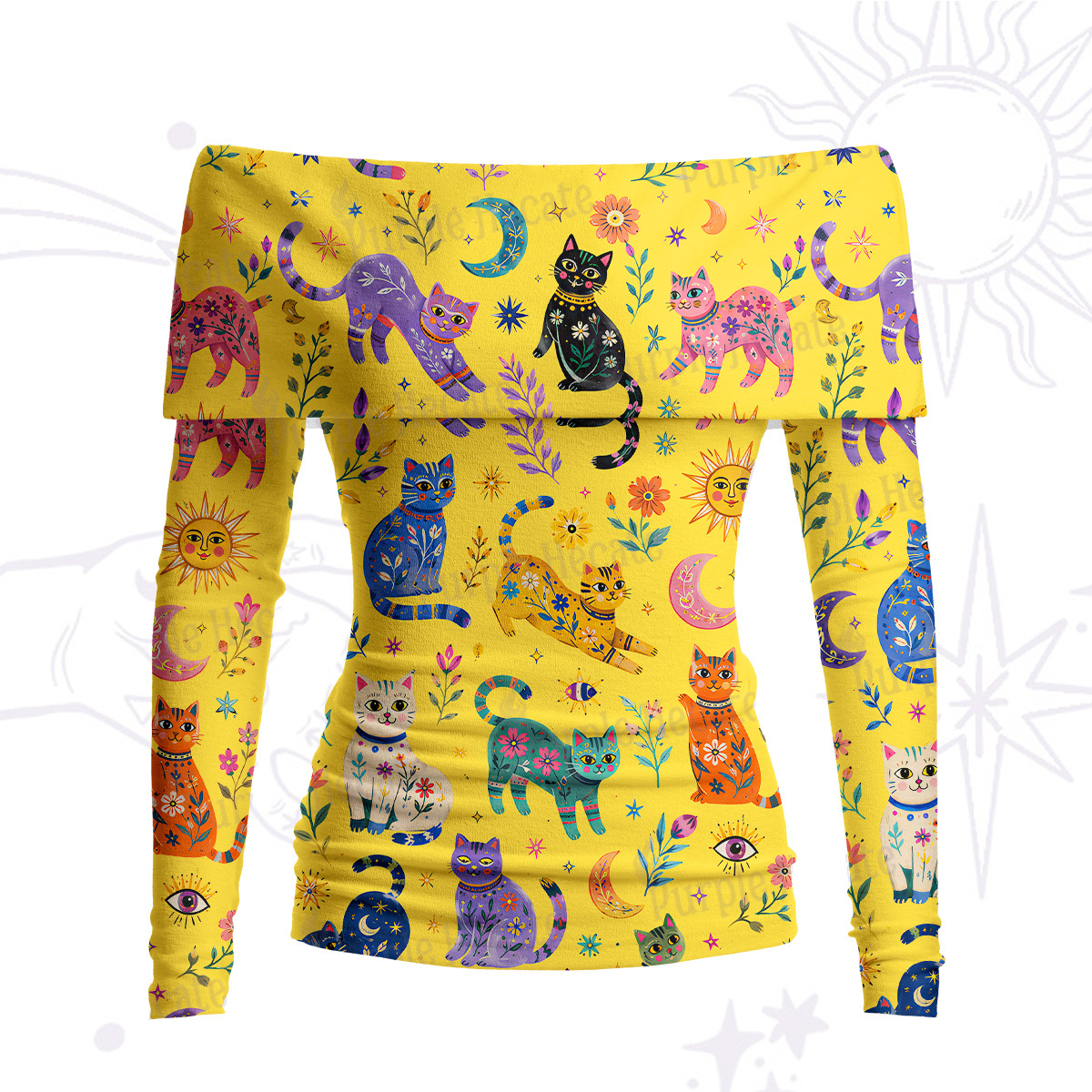 Purplehecate Rainbow Magic Cats Off Shoulder Long Sleeve Knit Top