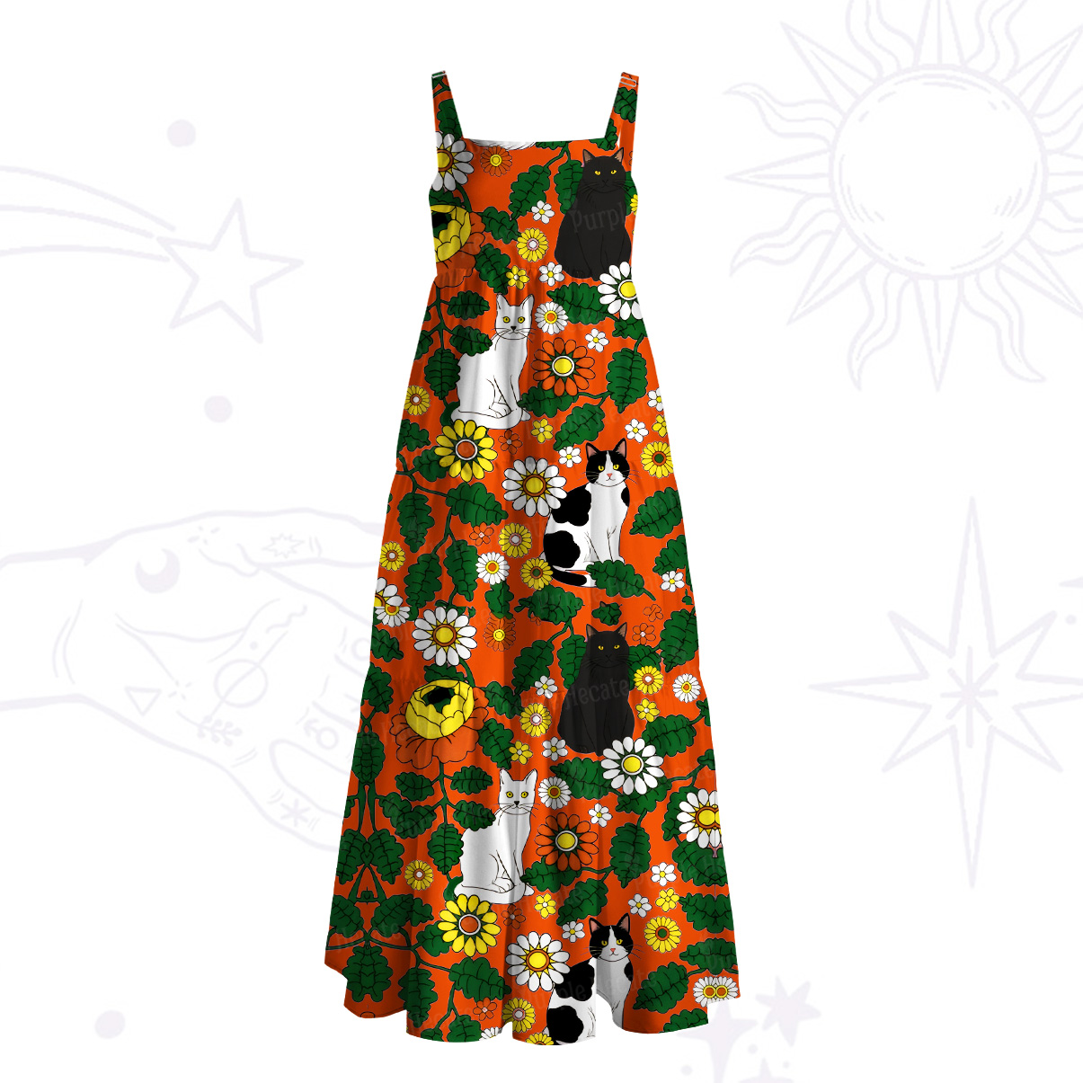 Purplehecate Daisy Cat  Garden Wide Straps Maxi Dress
