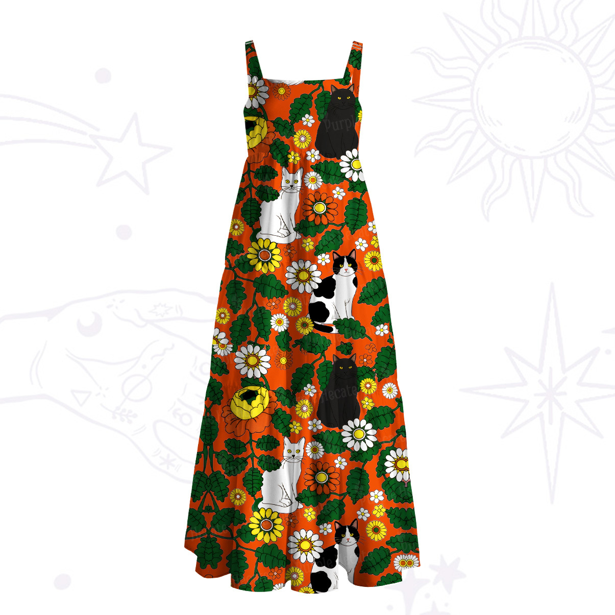 Purplehecate Daisy Cat  Garden Wide Straps Maxi Dress