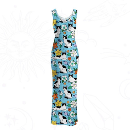 Purplehecate Enchanted Spring Whispering Cat Mesh Maxi Tank Beach Dress