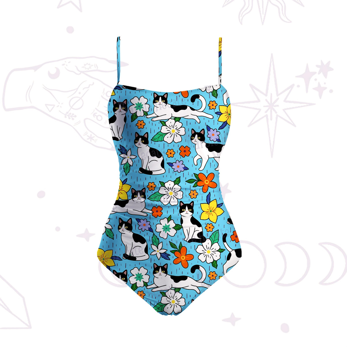 Purplehecate Enchanted Spring Whispering Cat Slim-Strap Swimsuit