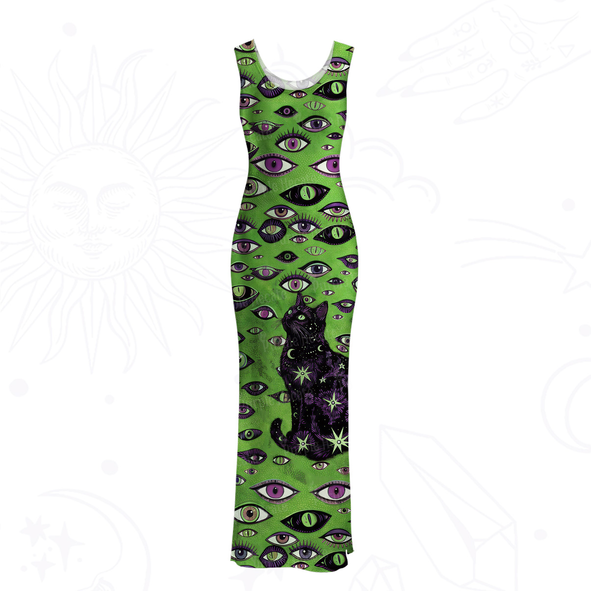 Purplehecate Cosmic Watcher Cat Mesh Maxi Tank Beach Dress