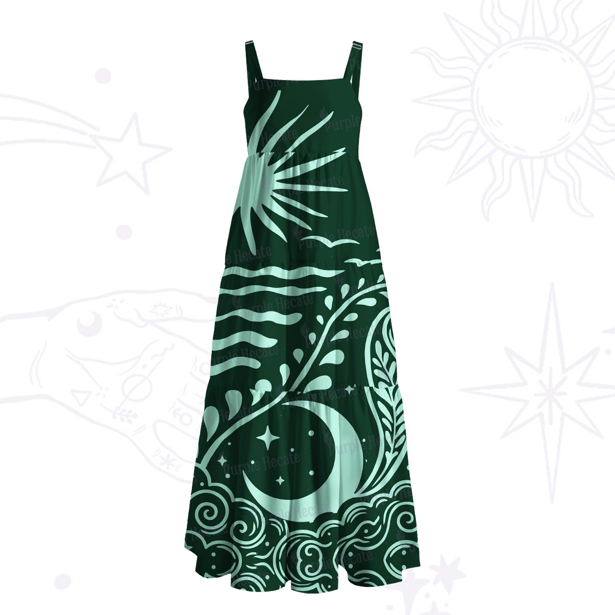 Purplehecate Celestial Sun Moon Waves Wide Straps Maxi Dress