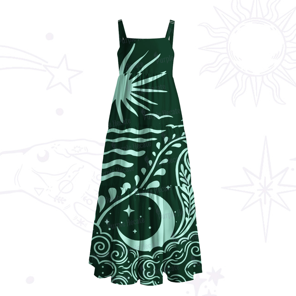 Purplehecate Celestial Sun Moon Waves Wide Straps Maxi Dress