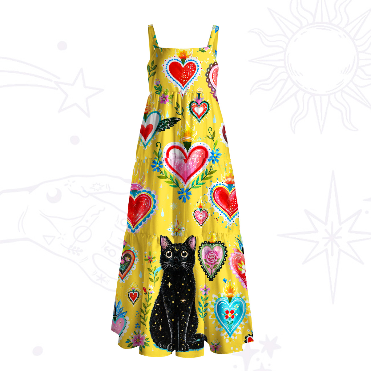 Purplehecate Mystic Heart Black Cat Wide Straps Maxi Dress