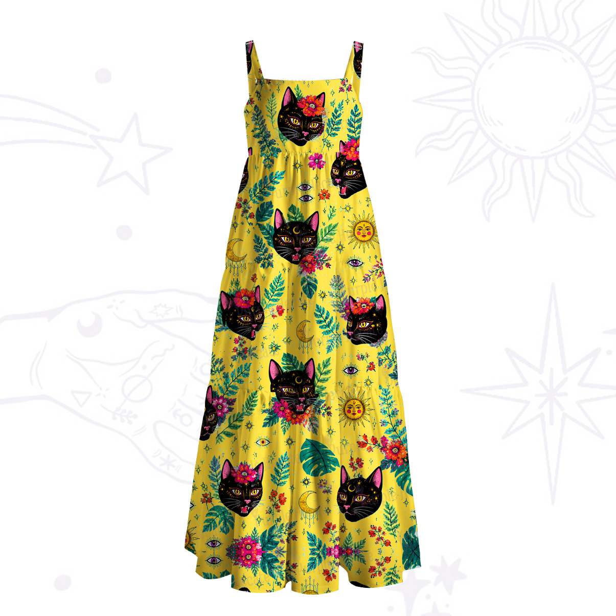 Purplehecate The Wizard's Proud Black Cat Wide Straps Maxi Dress