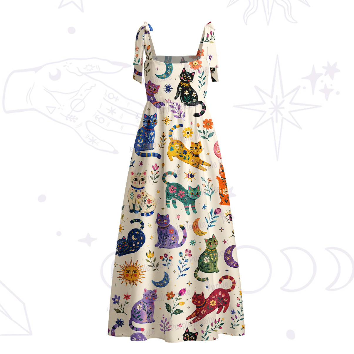 Purplehecate Rainbow Magic Cats Tie Shoulder Maxi Dress