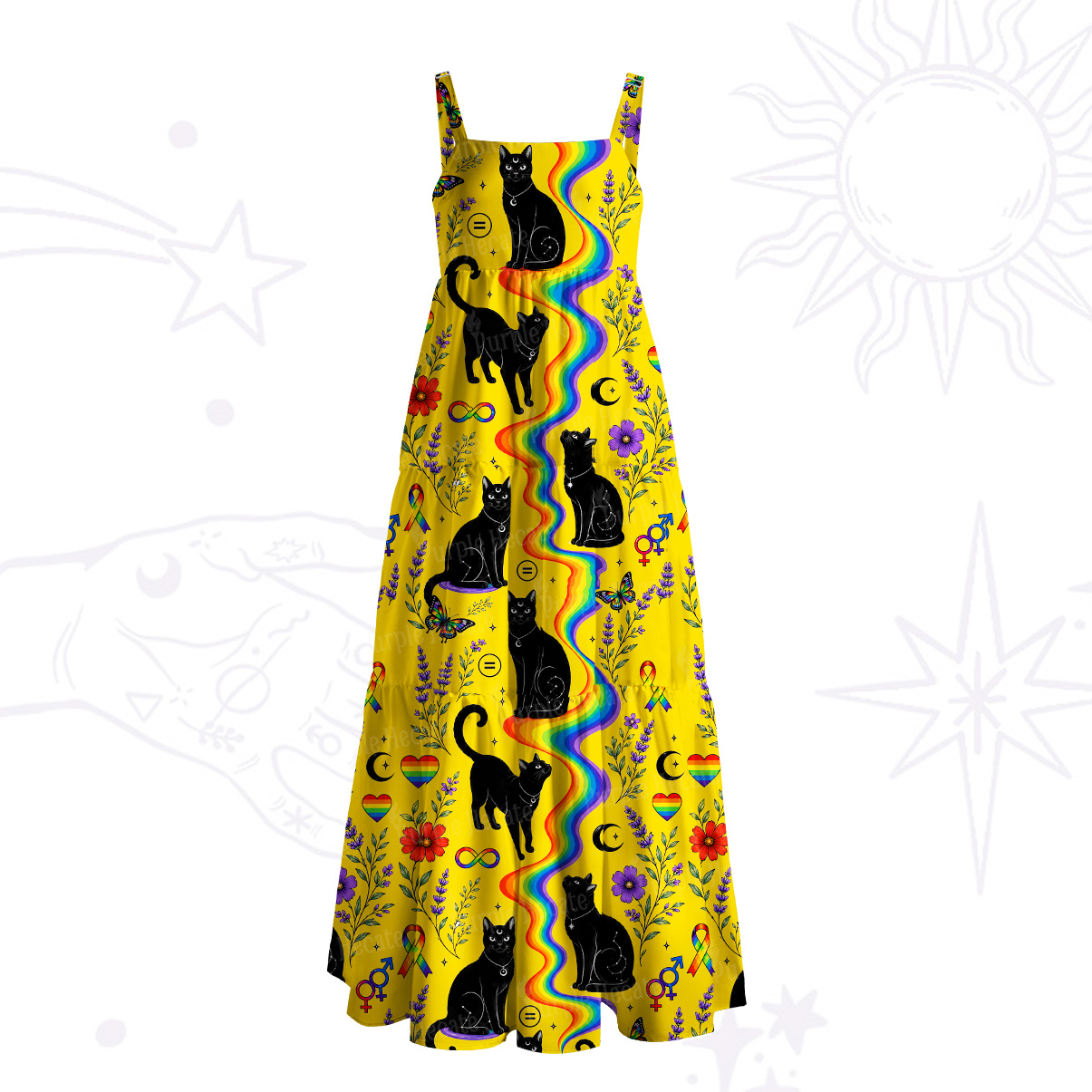 Purplehecate Rainbow Witch Cat Parade Wide Straps Maxi Dress