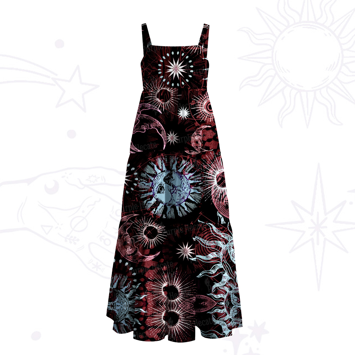 Purplehecate Starbound Celestial Sun & Moon Wide Straps Maxi Dress