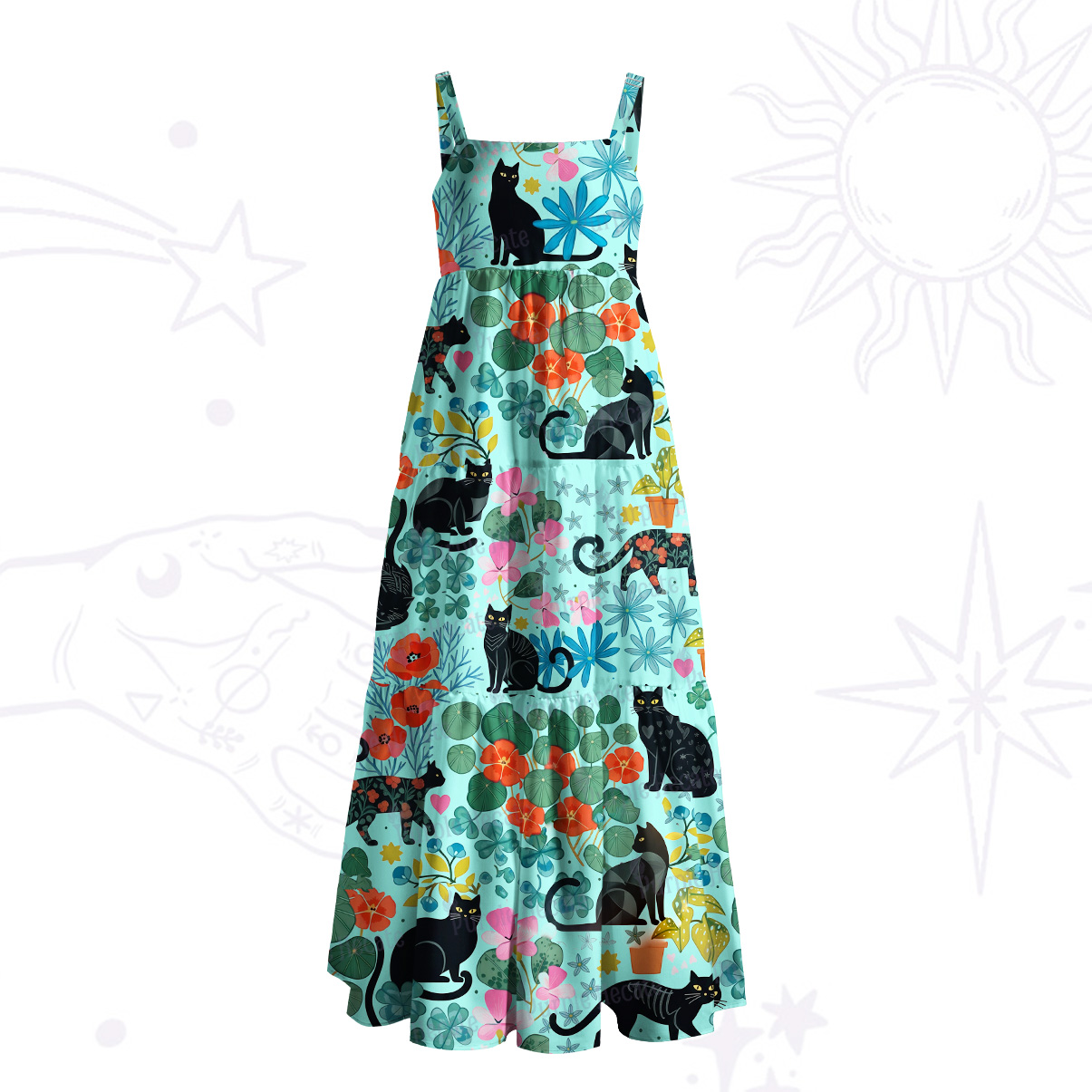 Purplehecate Mystic Meadow Black Cats Wide Straps Maxi Dress