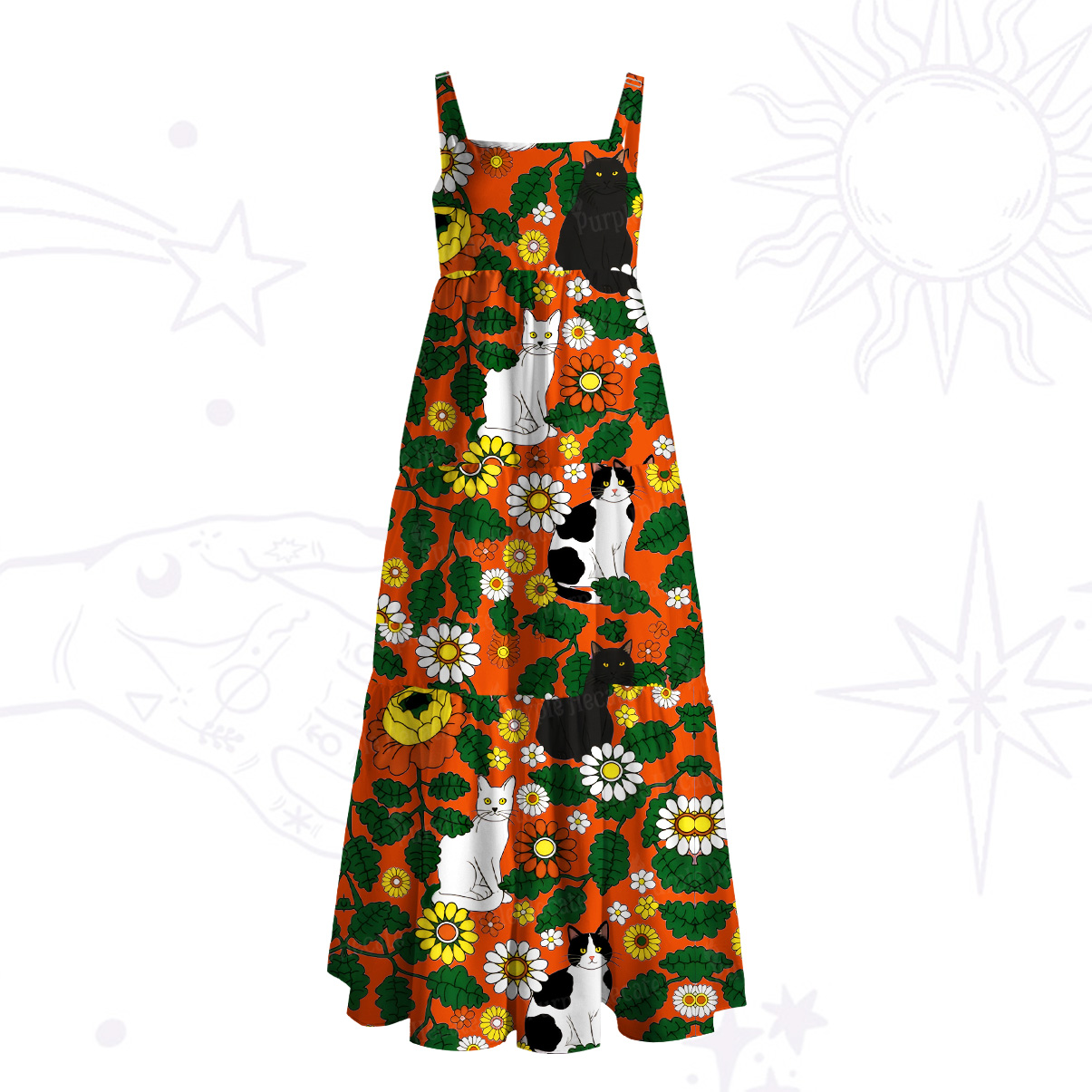 Purplehecate Daisy Cat  Garden Wide Straps Maxi Dress