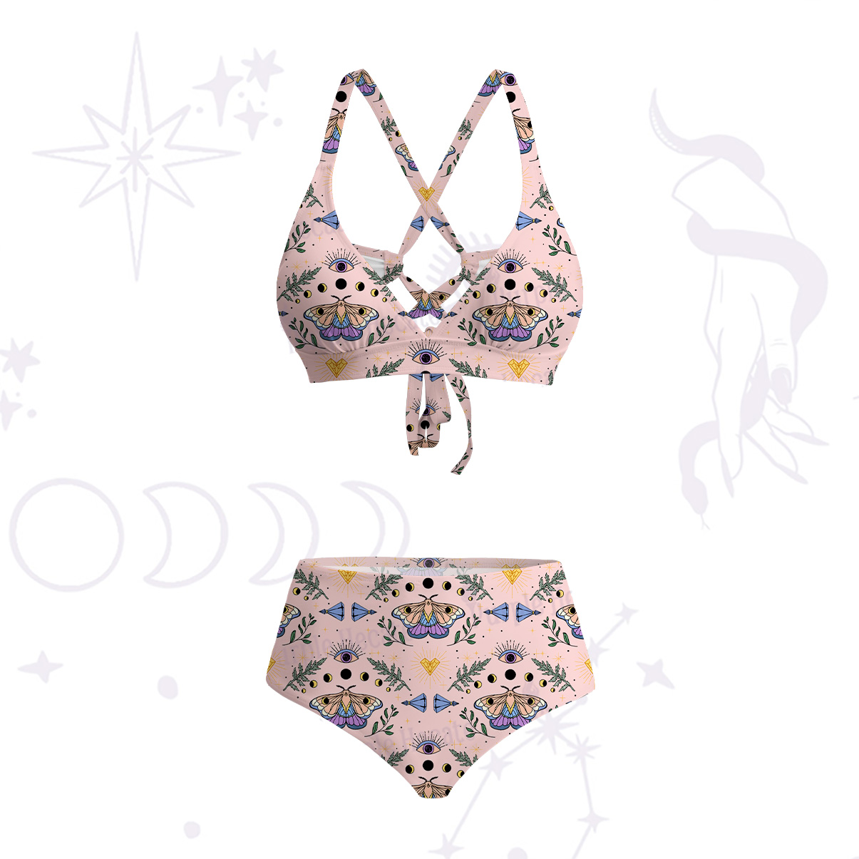 Purplehecate Luna Moth Witch Crisscross Tie-Back Bikini Set