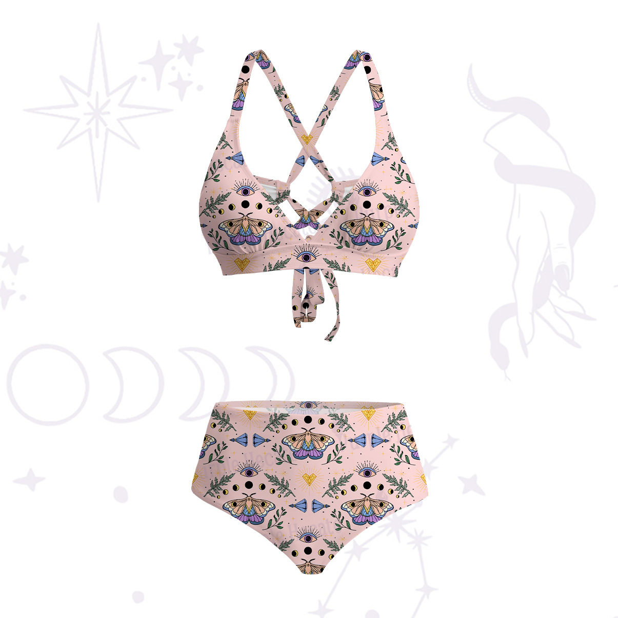 Purplehecate Luna Moth Witch Crisscross Tie-Back Bikini Set