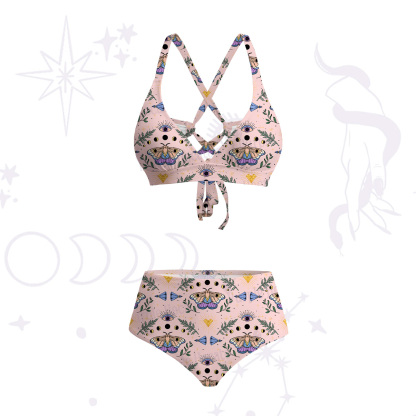 Purplehecate Luna Moth Witch Crisscross Tie-Back Bikini Set