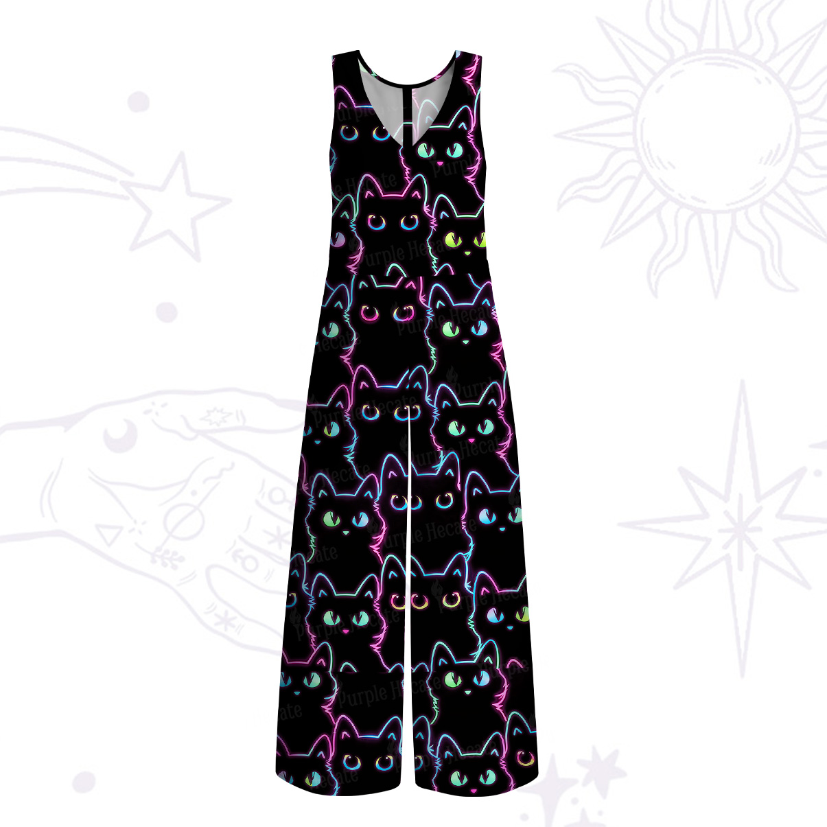 Purplehecate Neon Glow Stacked Cats Wide Leg Jumpsuit