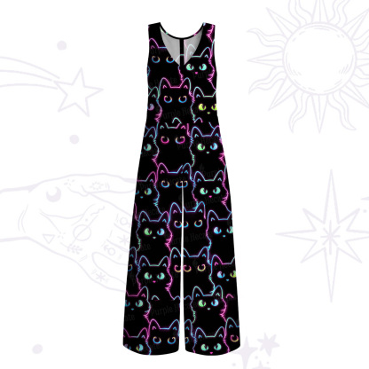 Purplehecate Neon Glow Stacked Cats Wide Leg Jumpsuit