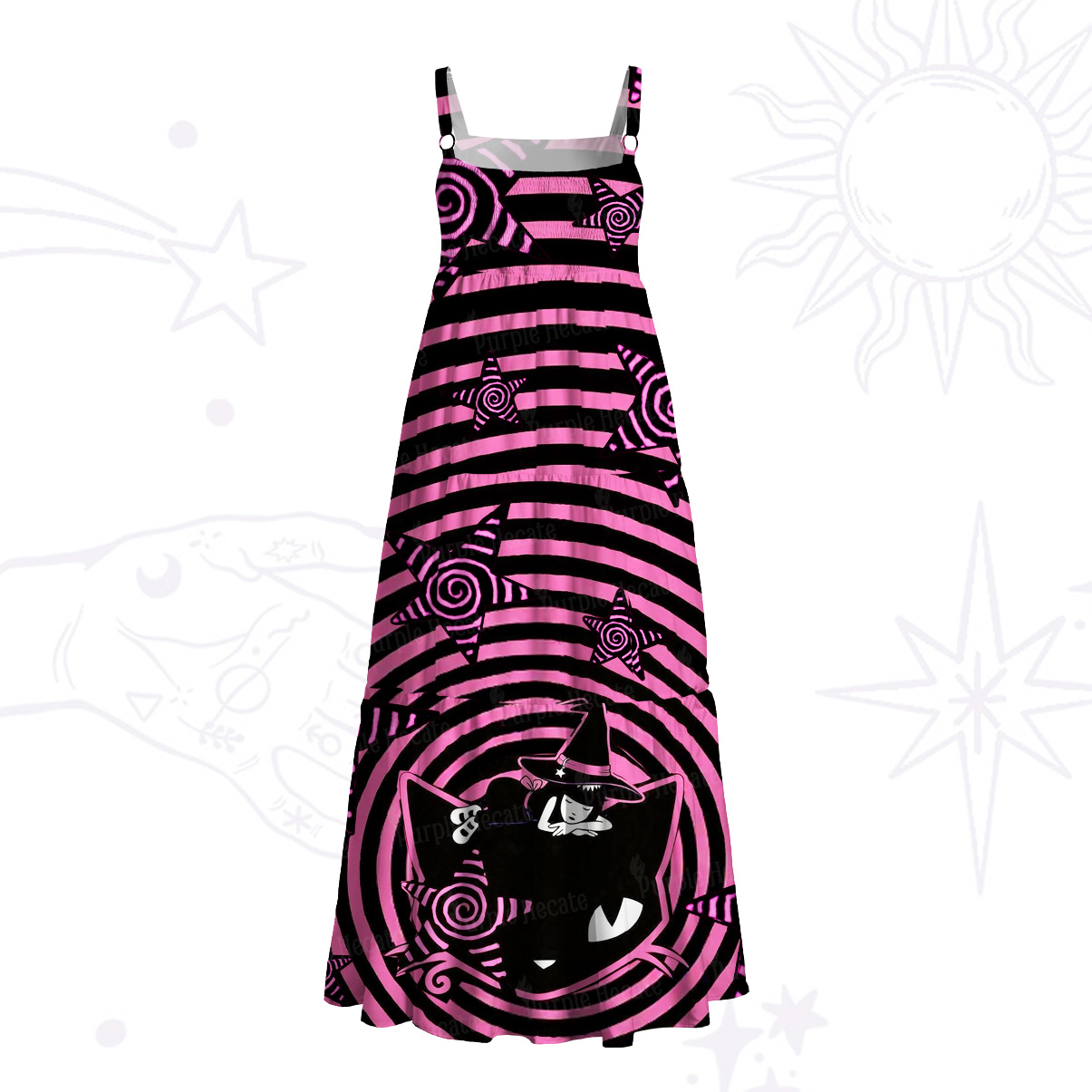 Purplehecate Trippy Spiral Black Cat Wide Straps Maxi Dress