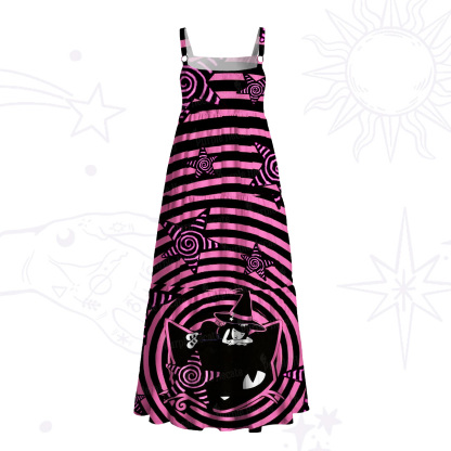 Purplehecate Trippy Spiral Black Cat Wide Straps Maxi Dress