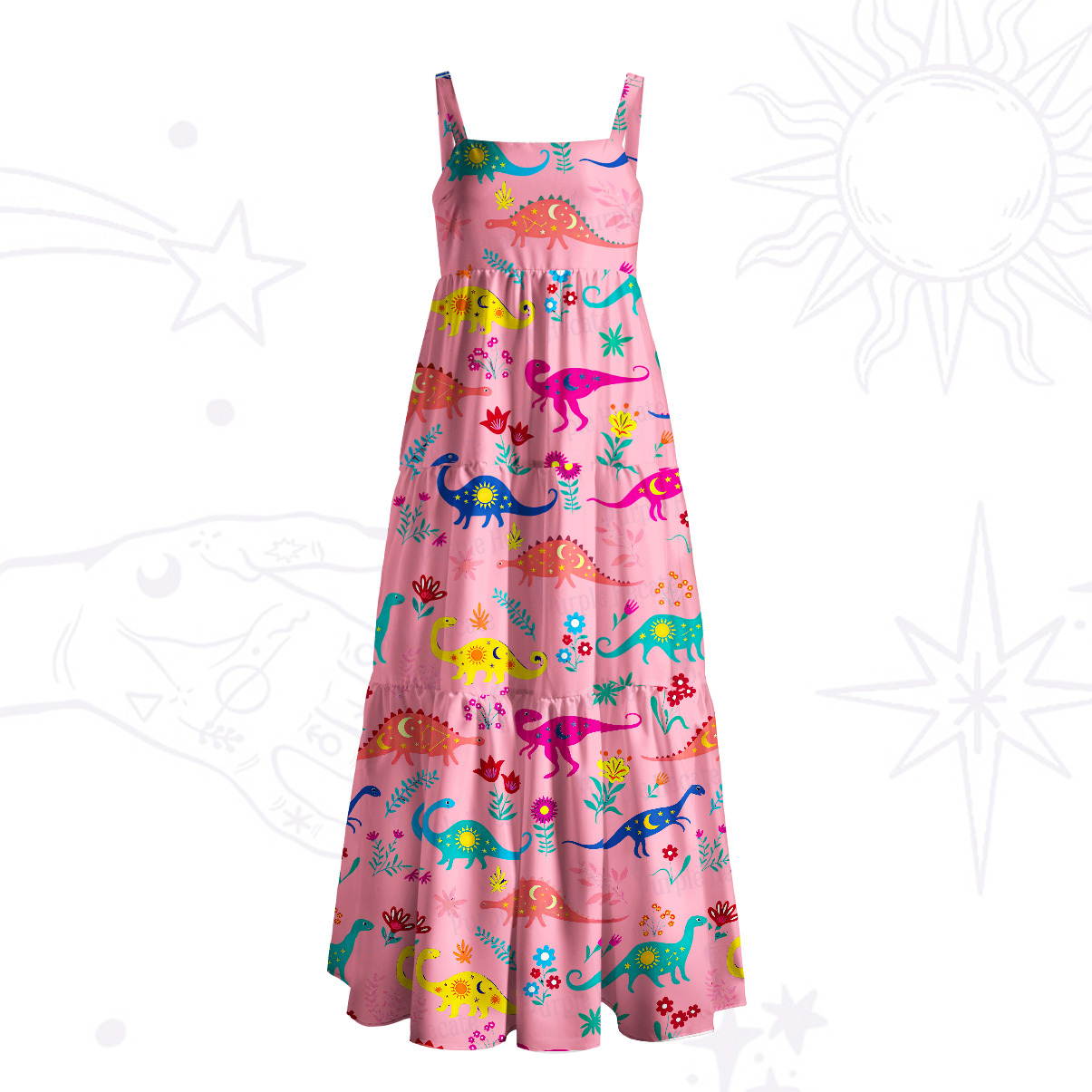 Purplehecate Colorful Dino Playground Wide Straps Maxi Dress