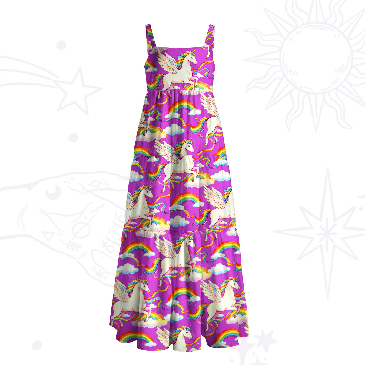 Purplehecate Fantasy Unicorn Cloud Print Wide Straps Maxi Dress