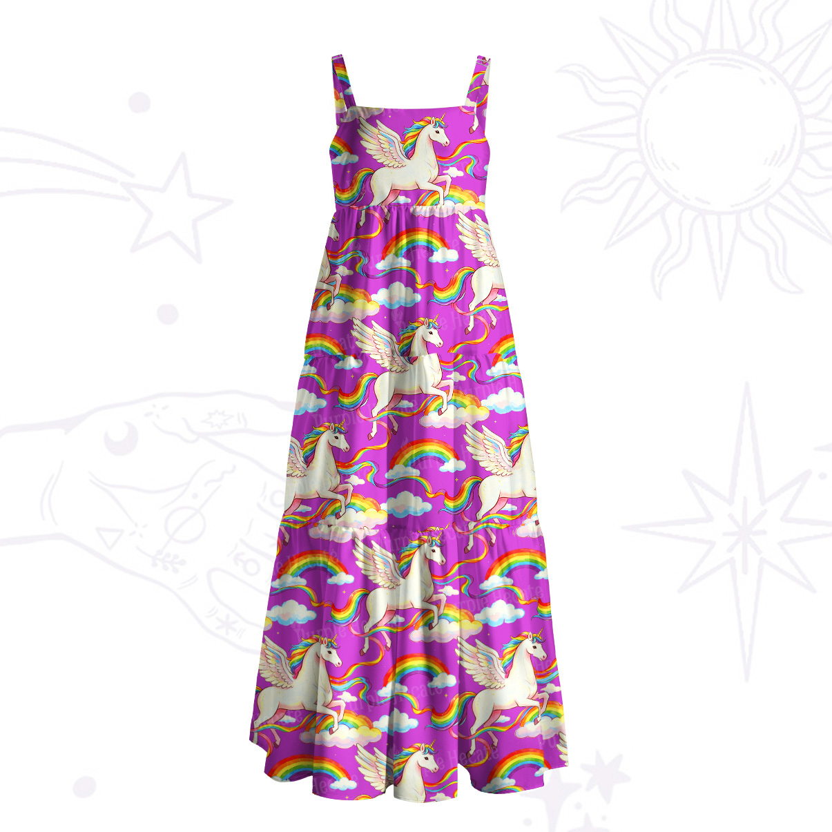 Purplehecate Fantasy Unicorn Cloud Print Wide Straps Maxi Dress