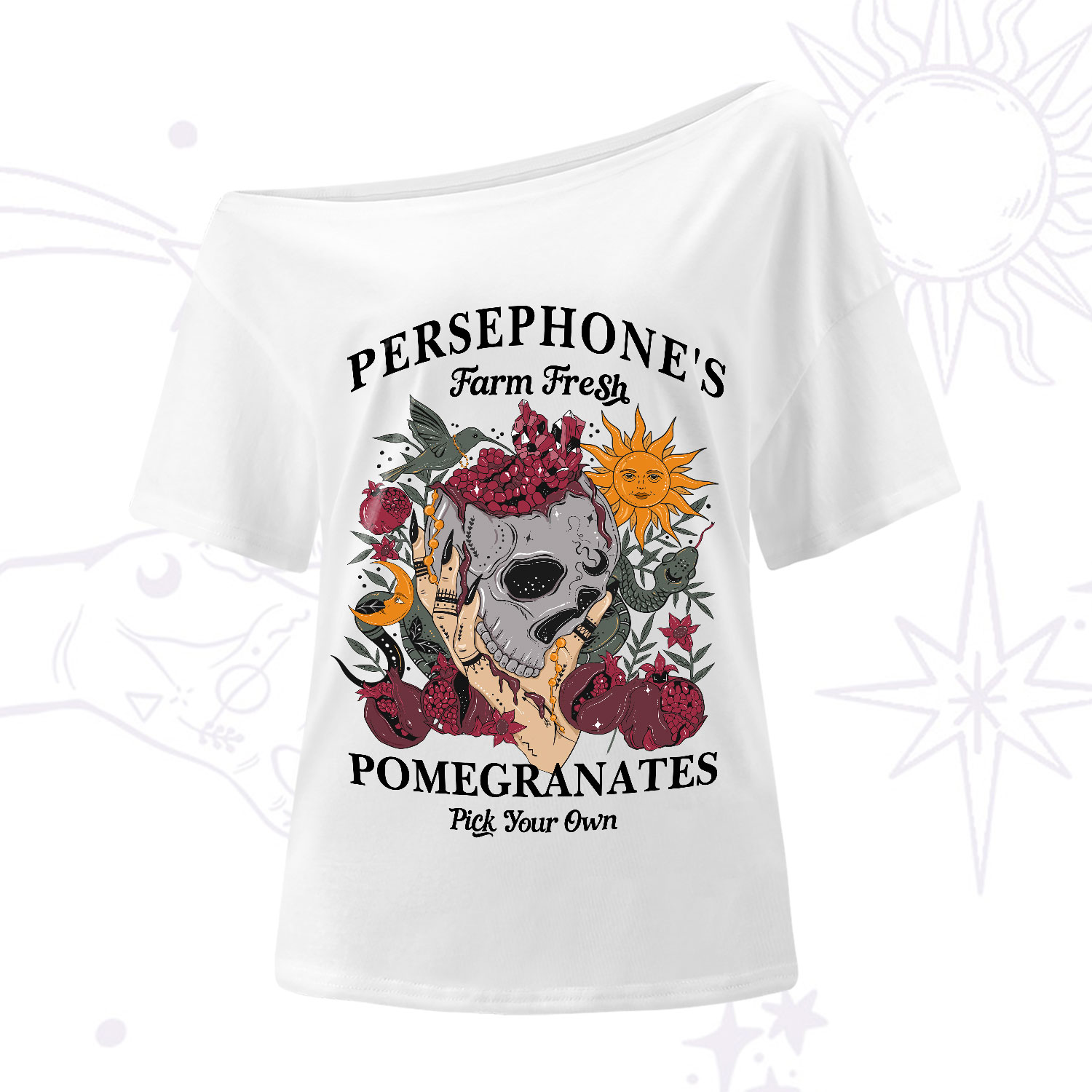 Purplehecate Persephone's Farm Fresh Pomegranates Pick Your Own One-Shoulder T-Shirt