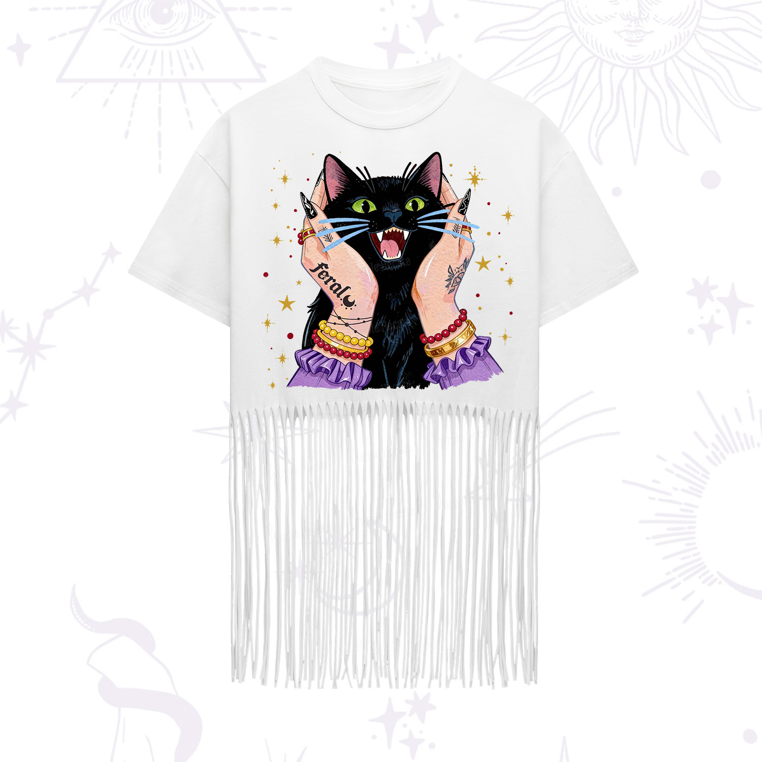 Purplehecate Feral Cat Magic Fringe Hem T-Shirt