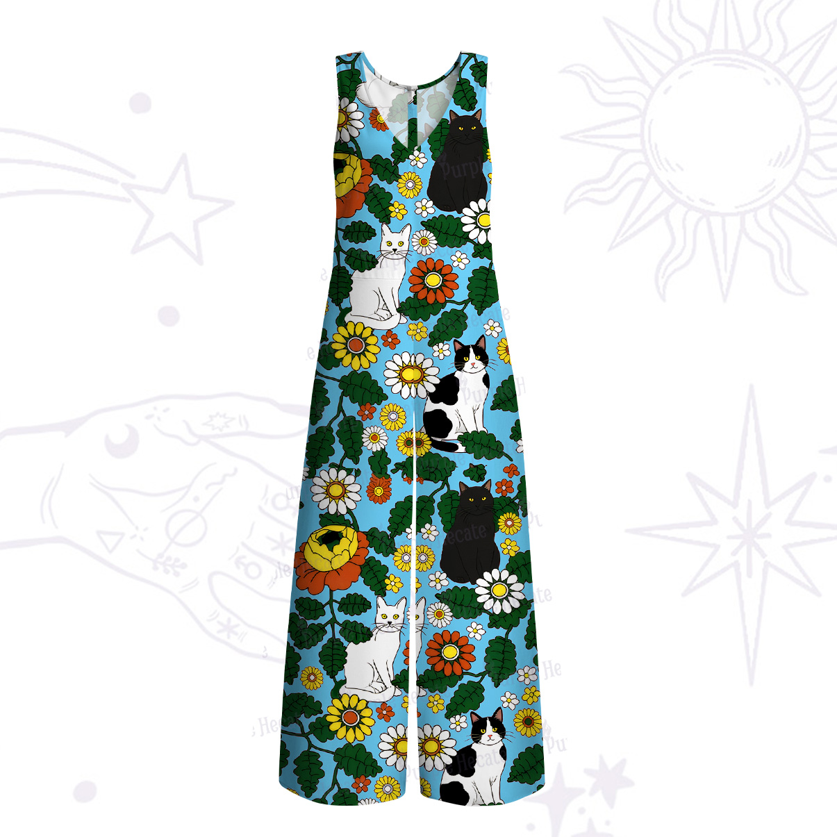 Purplehecate Daisy Cat  Garden Wide Leg Jumpsuit