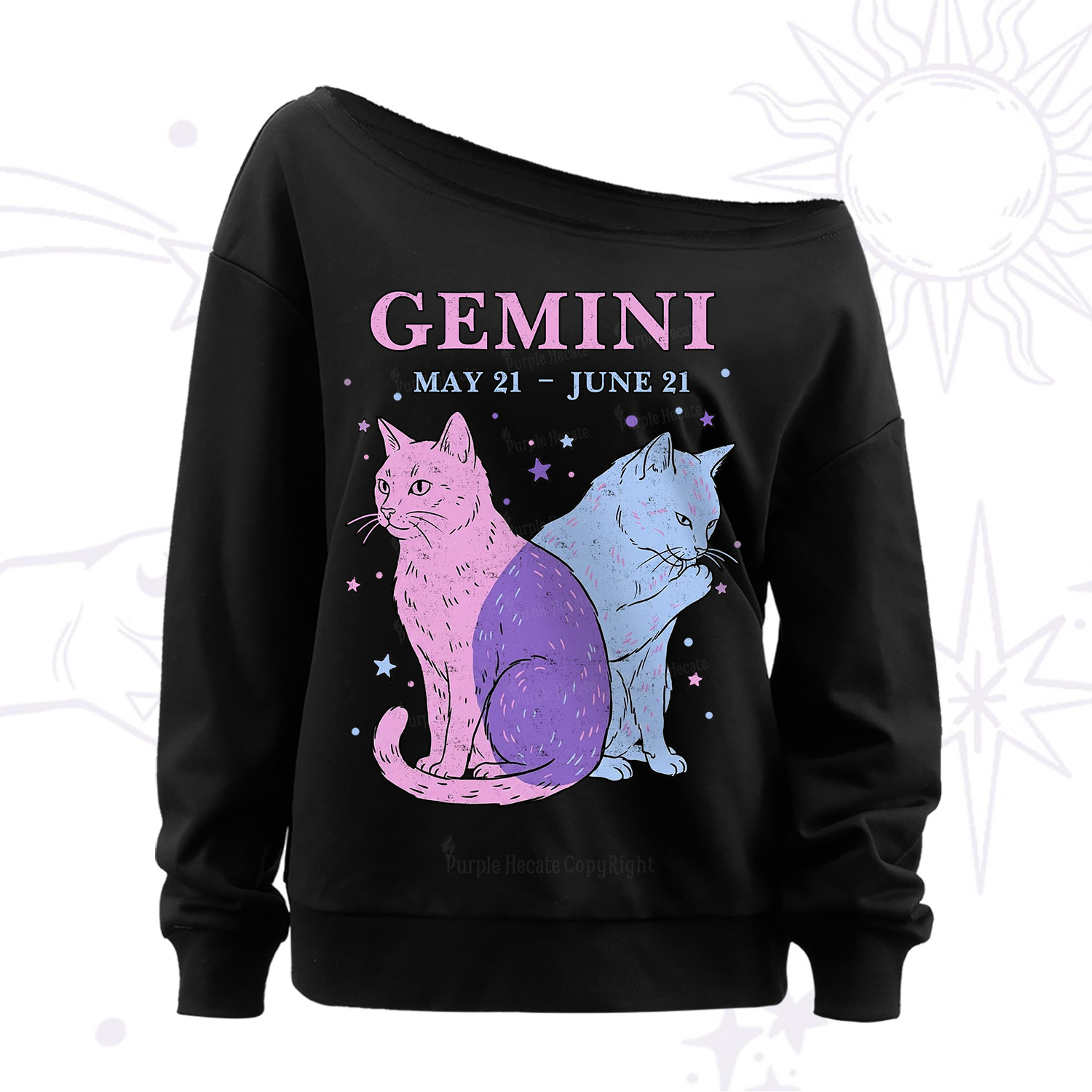 Purplehecate Gemini Zodiac Cats Off The Shoulder Sweatshirt