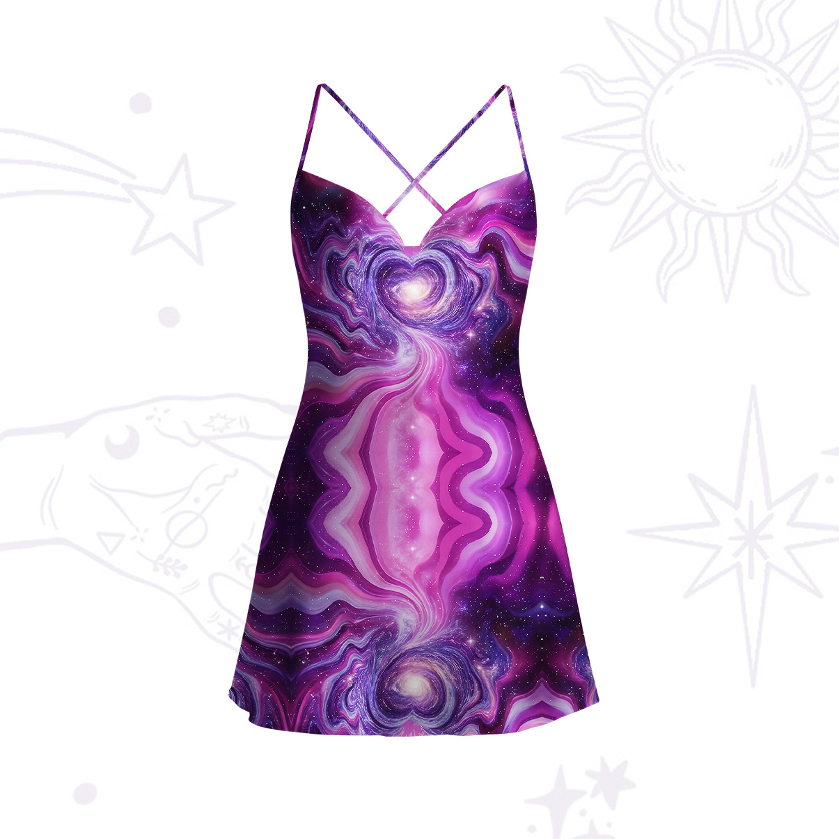 Purplehecate Cosmic Heart Satin Cross Back Mini Dress