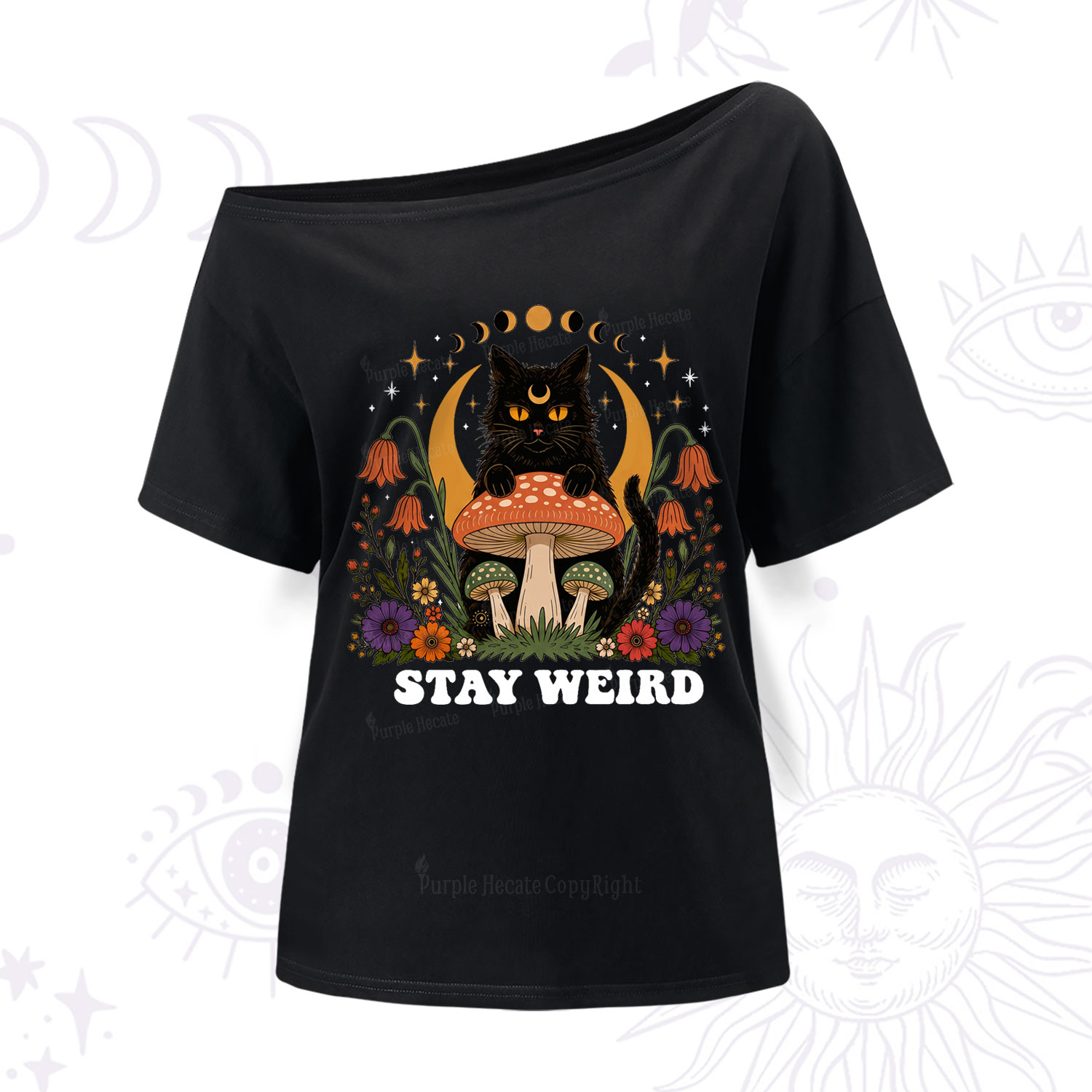 Purplehecate Stay Weird Black Cat One Shoulder T-Shirt