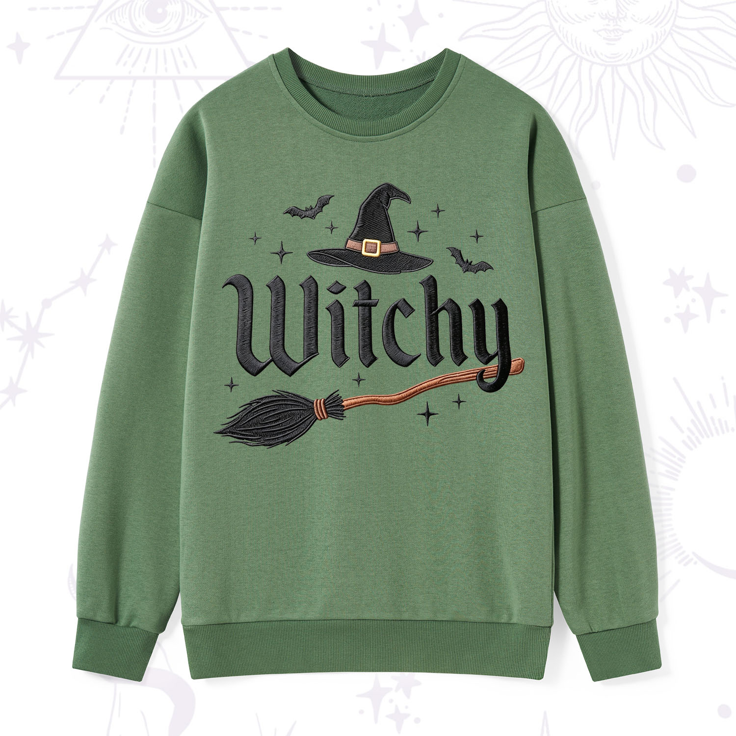 Purplehecate Bat and Broomstick Witch Embroidered Sweatshirt