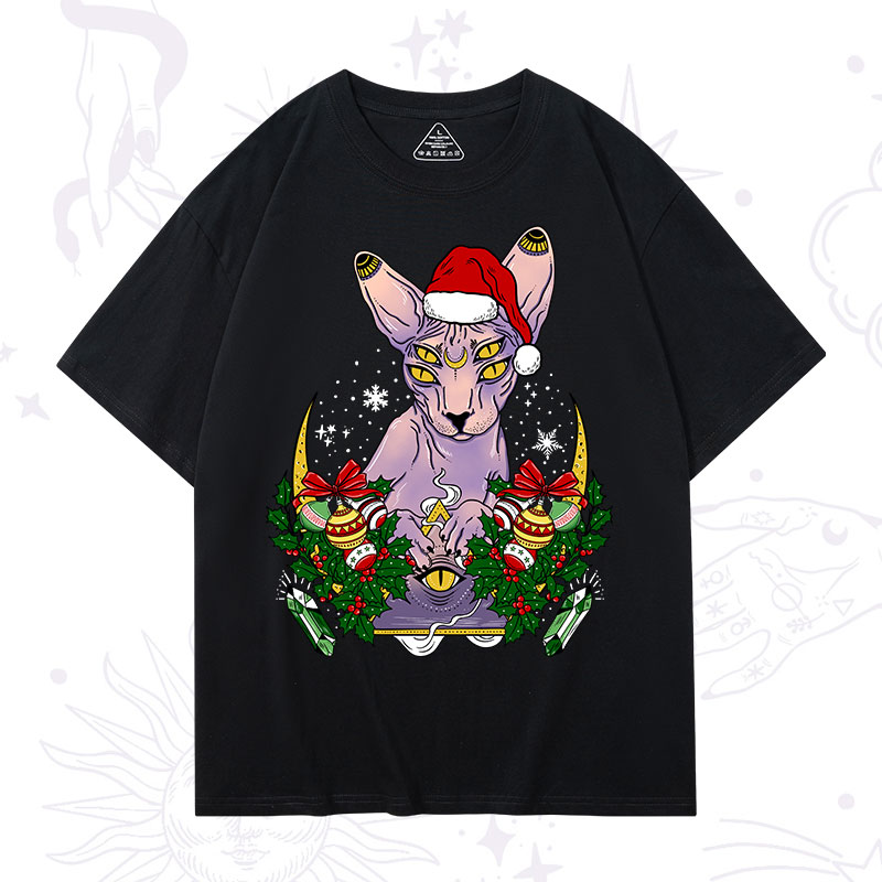Purplehecate Christmas Moon Phase Cat Washed T-Shirt