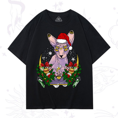 Purplehecate Christmas Moon Phase Cat Washed T-Shirt