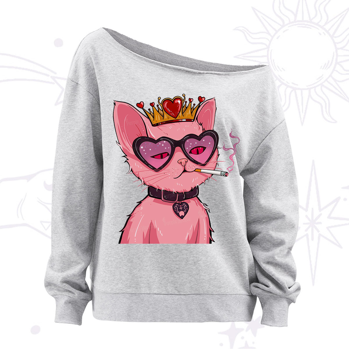 Purplehecate Bad Attitude Pink Cat Smoking Queen Off The Shoulder Sweatshirt