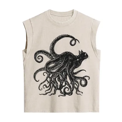 Purplehecate Black Cat with Octopus Tentacles Vintage Washed Tank