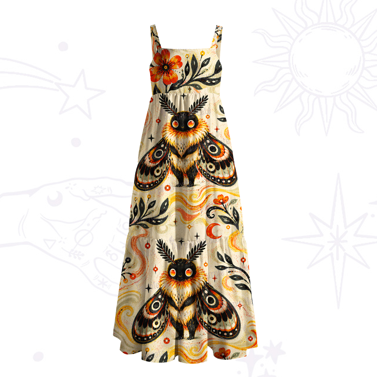 Purplehecate Autumn Moon Moth Guardian Graphic Wide Straps Maxi Dress